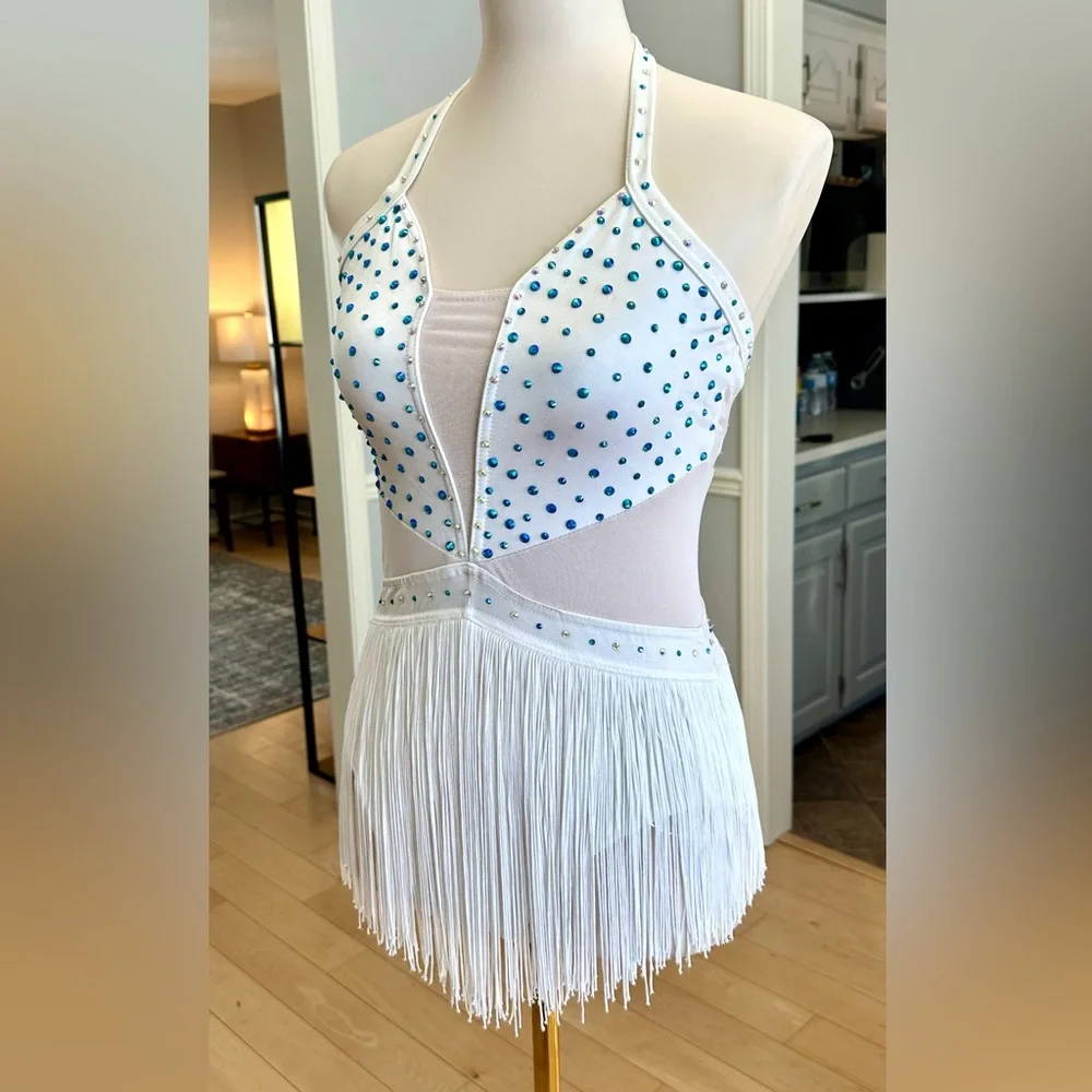 balera White Dance Costume with Teal Rhinestones and Fringe - Picture 2 of 3